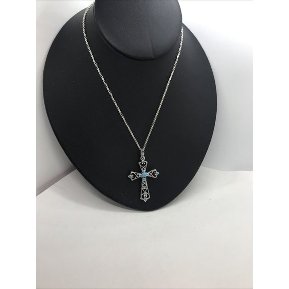 Turquoise Faux Stone Silver Tone  Cross 18" Color Aqua Blue Crystal Necklace - Picture 4 of 4